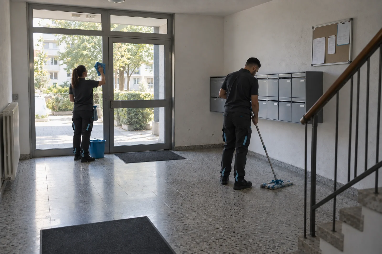 Professionelle Reinigung von Glasflächen in einem Geschäftsgebäude